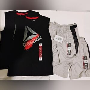 4 Pc Lot Reebok Boys S 6/7 Black Tank Top Sleeveless Shirt & Russell Gray Shorts